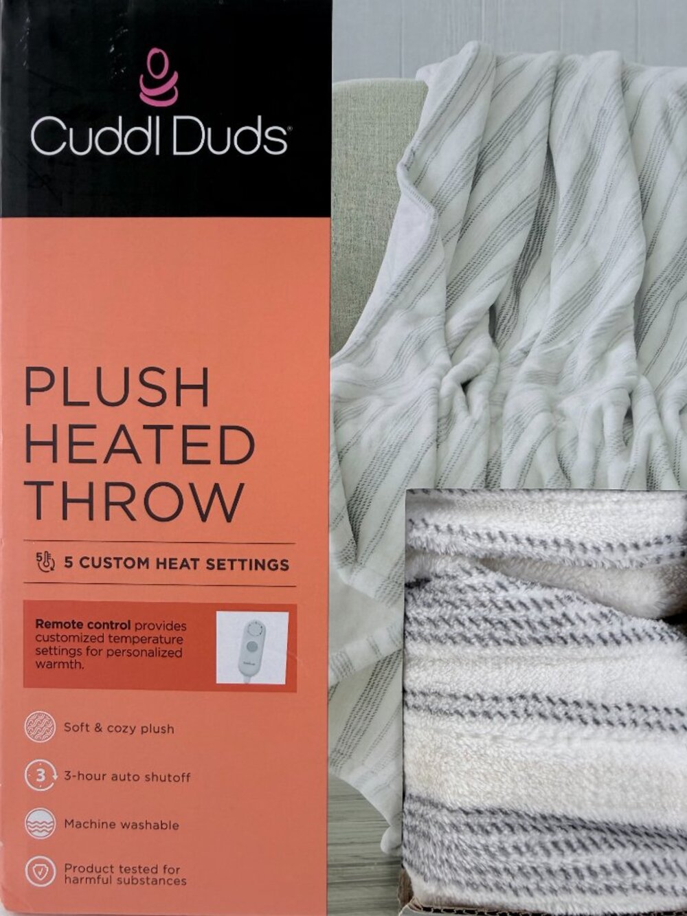 Cuddl Duds Heated Throw Blanket 50x60 Plush Gray Stripe NIB Remote Control - Picture 8 of 8
